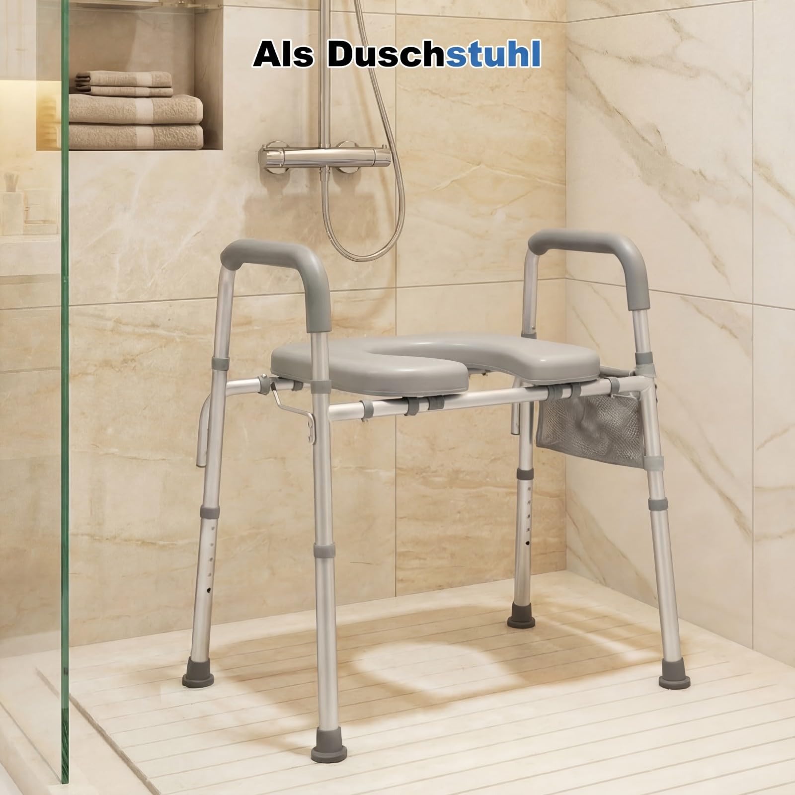 COSTWAY Toilettensitzerhöhung, WC Sitzerhöhung für Senioren, mit Griffen, gepolstertem Sitz, 5-fach höhenverstellbar 41,5-51,5 cm, verstellbare Breite, Aluminium, Erhöhter Toilettensitz, Weiß