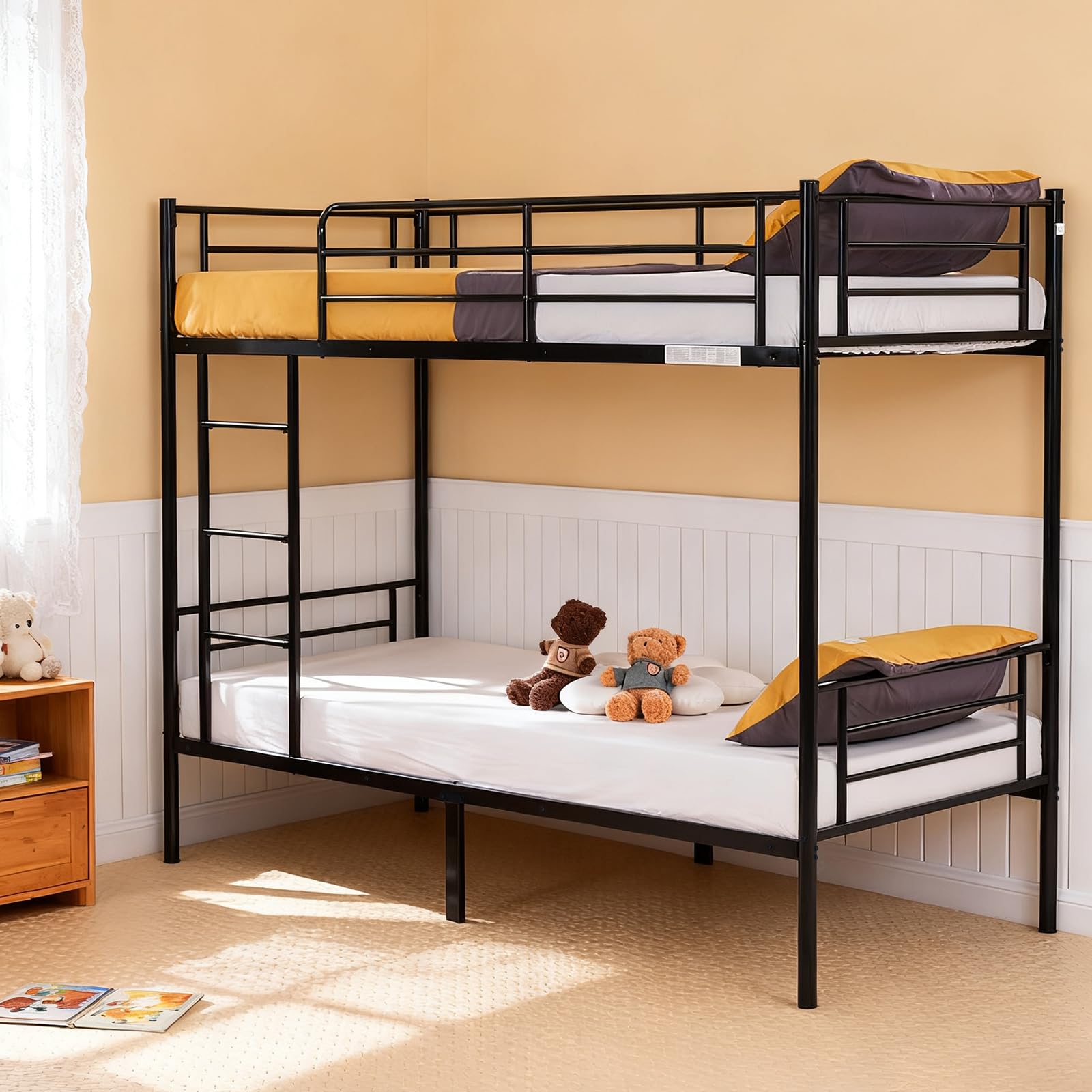 Karl home Black Bunk Bed Twin Over Twin, Metal Bunk Bed with Built-in Ladder and Safety Guardrail, Space-Saving Twin Bunk Beds for Kids, Teens &