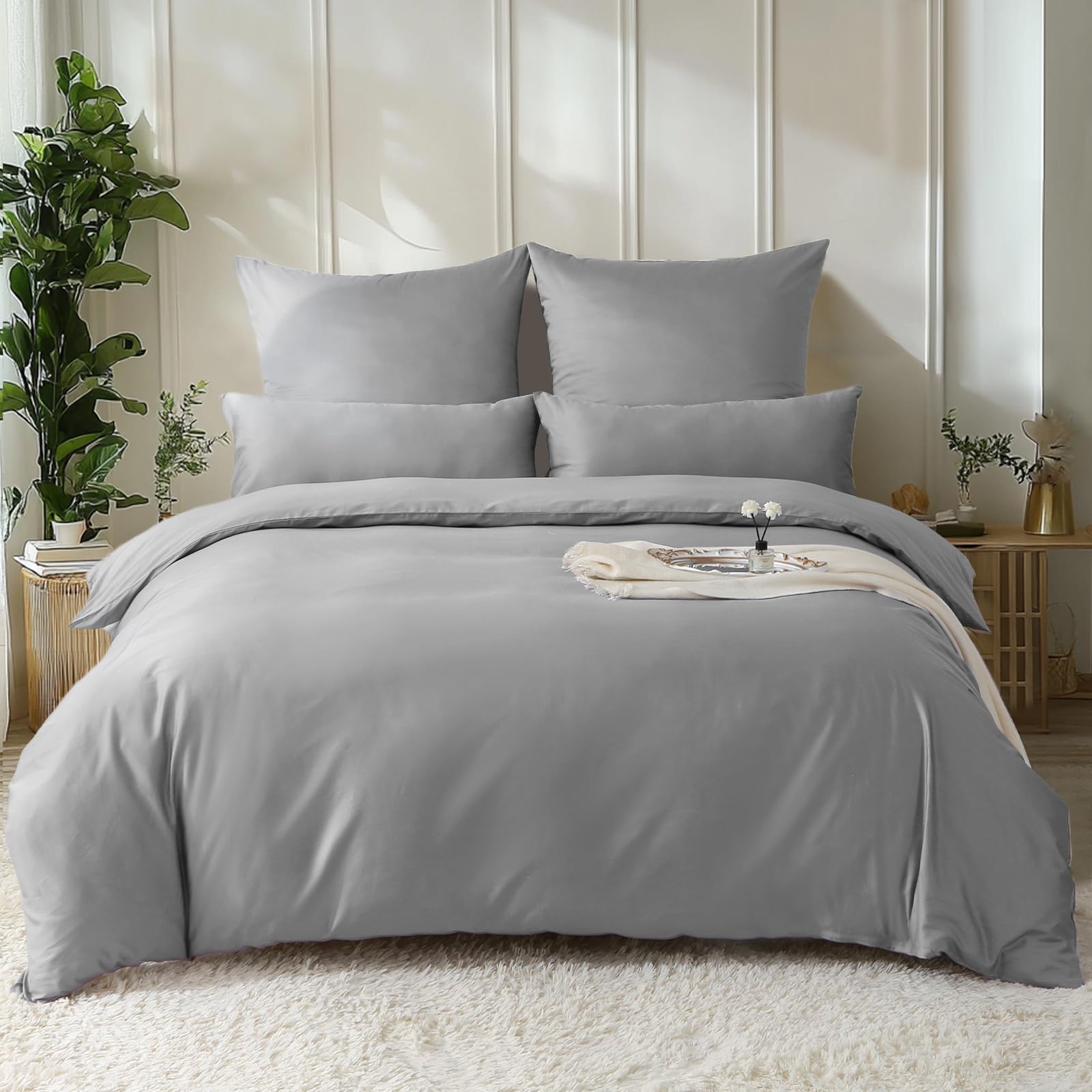SOULFUL Bettwäsche 155x220 Baumwolle Satin,100% Langstapelige Baumwolle Seidig Luxus Bettwäsche-Set mit Reißverschluss, Oeko-Tex Zertifiziert,1 Bettbezug 155x220 & 1 Kissenbezug 80x80,Dunkelgrau