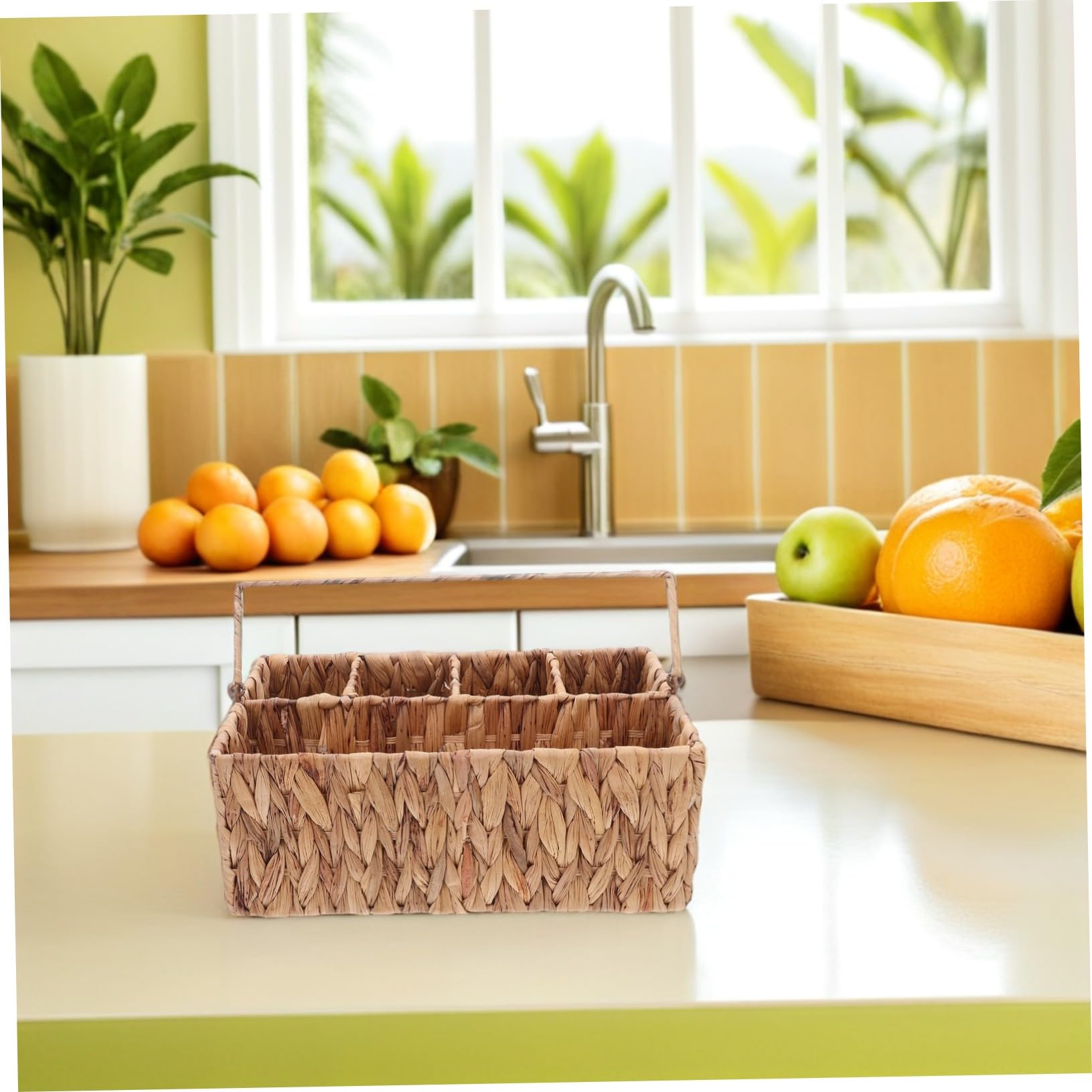 Mikinona Cesta Organizadora de Cubiertos de Mimbre con Compartimentos Cesta Portátil para Picnic Soporte para Utensilios y Condimentos Diseño Rústico y Compacto para Mesa y Almacenamiento