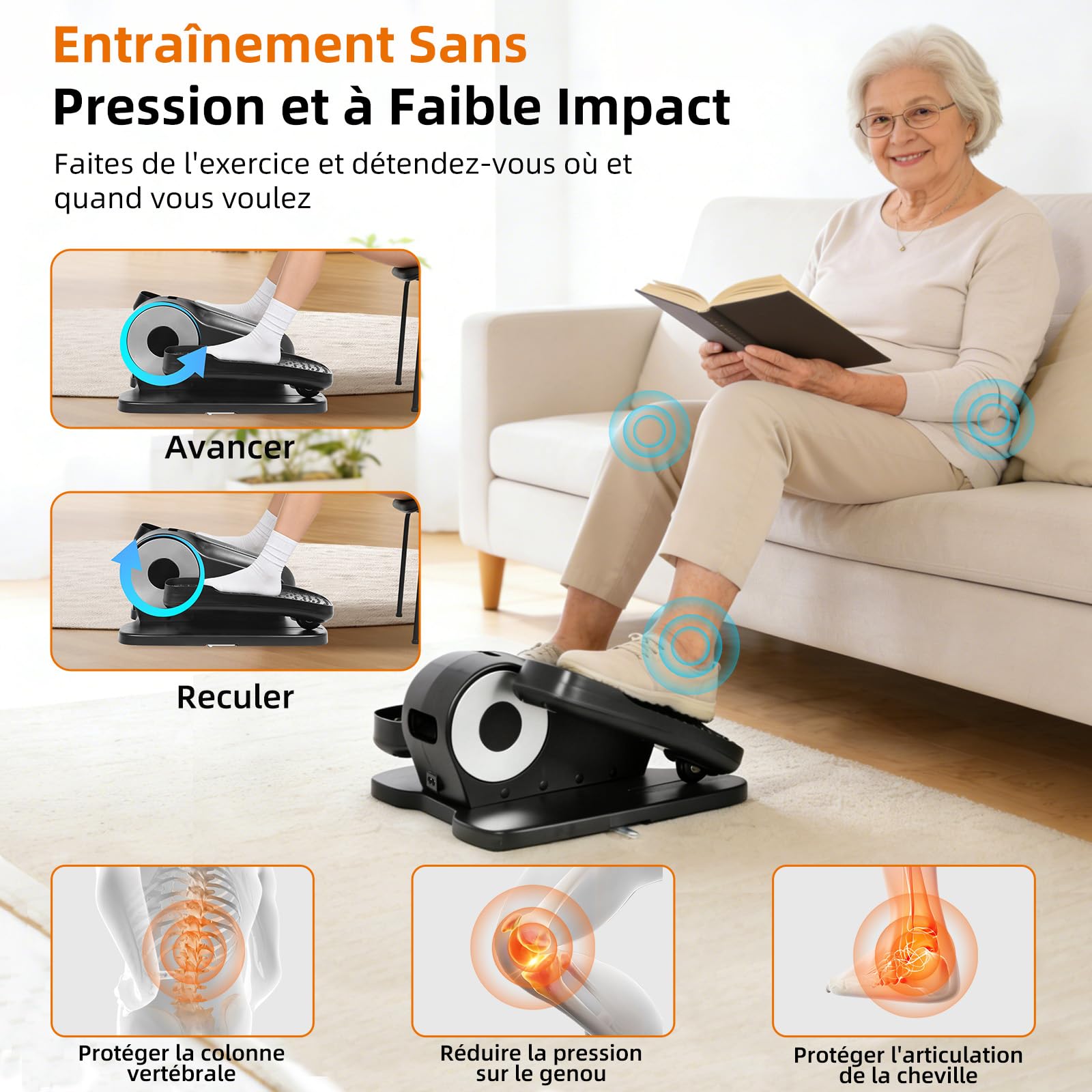 EVOLAND Mini Elliptique Électrique avec Télécommande, Écran LCD, 12 Vitesses, Corde de Résistance, Portable Exerciseur Pédale Elliptique pour Séniors, Bureau et Maison