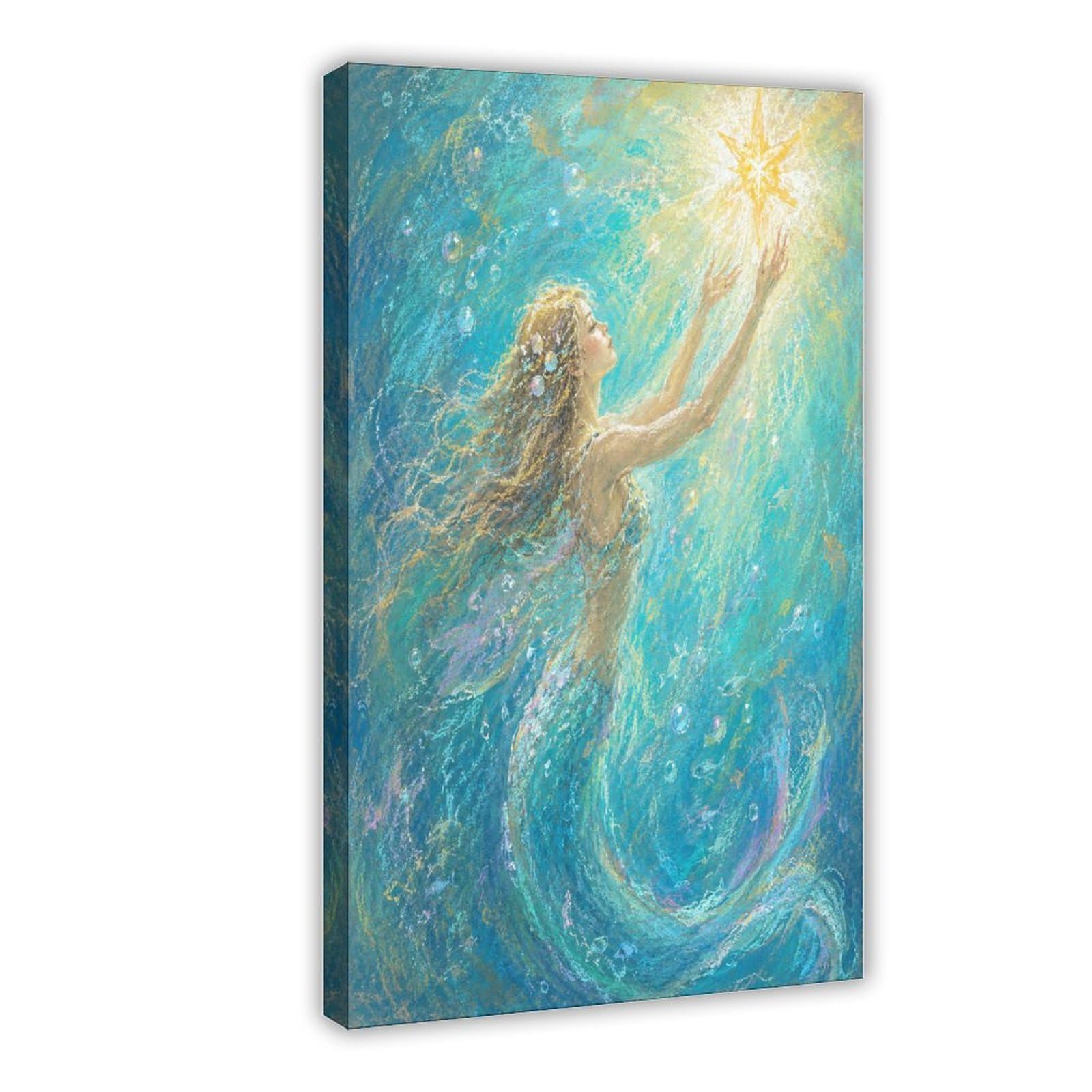 H3B8U2Y5 Mermaid Reaching for Light Canvas Wall Art, Surrealist