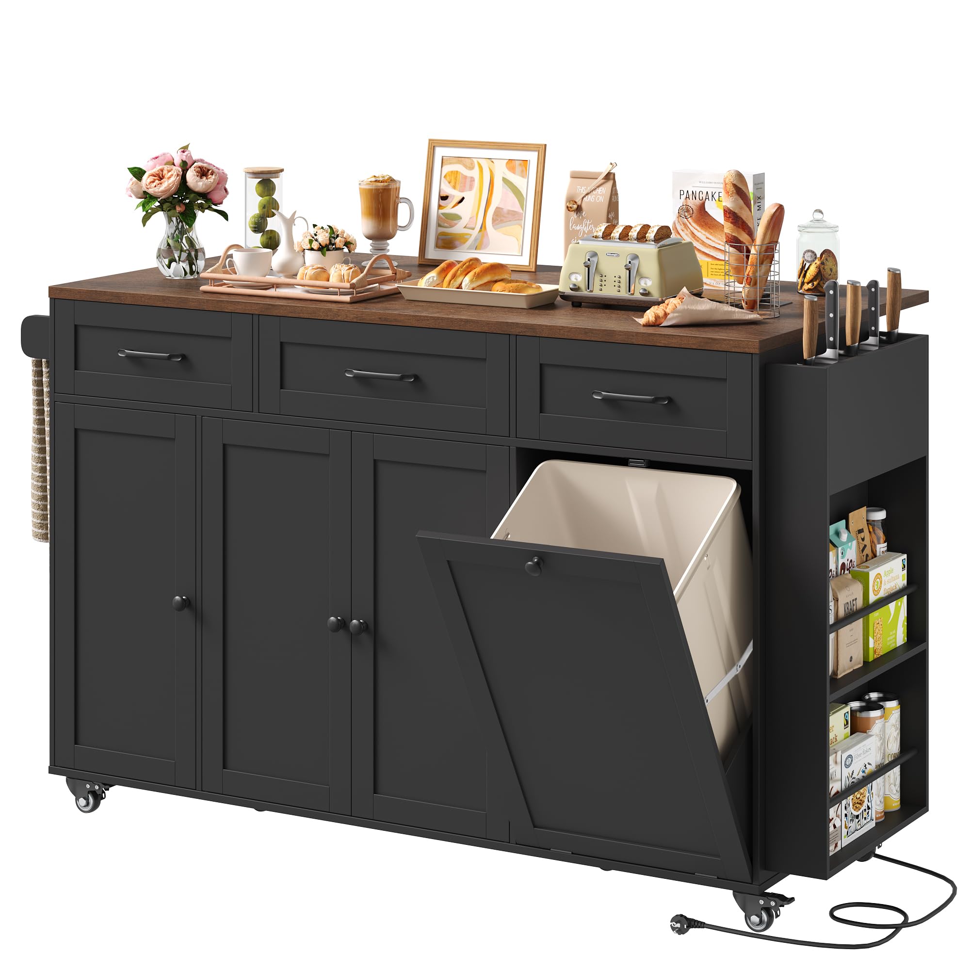 FirFurd Isla Cocina con Ruedas Carro de Cocina Carrito de Comedor Aparador con 3 Cajones Mueble Cocina Auxiliar con Mesa Plegable, Eenchufe, Especiero y Toallero, Blanco 135x60x88cm — view 11
