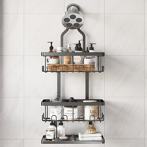 COVAODQ Organizador de ducha sobre el cabezal de ducha, organizador de ducha colgante sobre la cabeza, organizador de baño con ganchos para toallas,