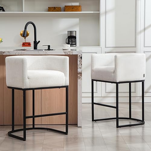 Miniatura 7 de Juego de 2 taburetes de bar de altura de mostrador, taburetes de bar tapizados de tela de lino moderna con brazos, taburete de cocina de 25