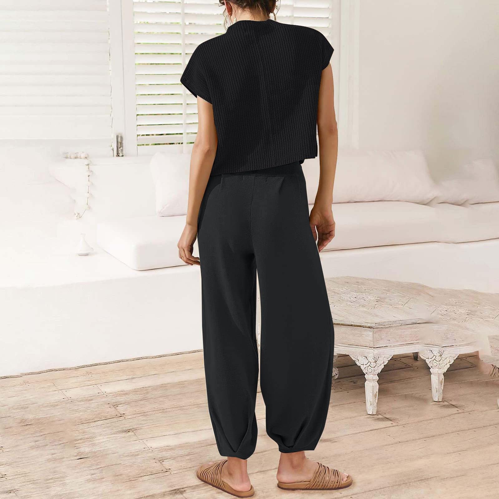 Lounge Set Mujer Manga Corta Traje de Punto Dos Piezas Streetwear Traje