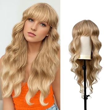5 Days Delivery Long Blonde Wig With Bangs - 26 Inch Long Wavy Wig with Bangs for Women - Synthetic Blonde Hair Wigs Natural Looking Daily Cosplay Party Halloween