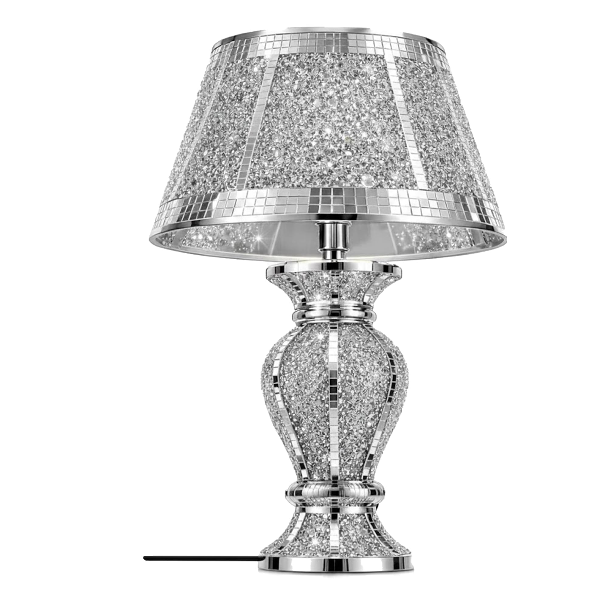 BML Silver Crushed Crystal Table Lamp Bedside Lamp with Sparkle Shade, Glam Chrome Mosaic Side Lamp for Bedroom Living Room Nightstand, Modern Luxury Lamp with UK Plug Cable