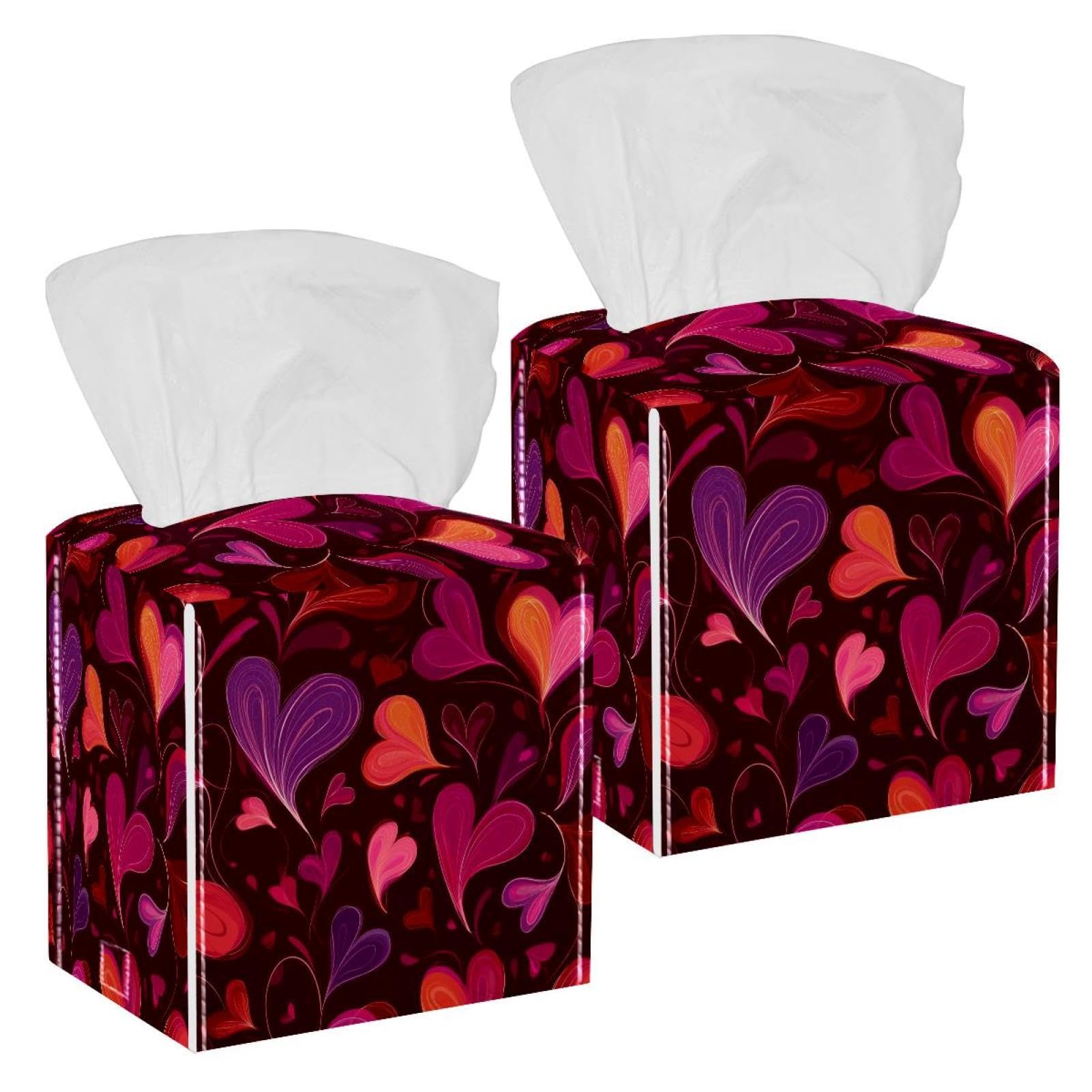 Love Hearts Tissue Box Cover, 2 Pack PU Leather Square Facial Tissue Dispenser Box holder for Home Office Car