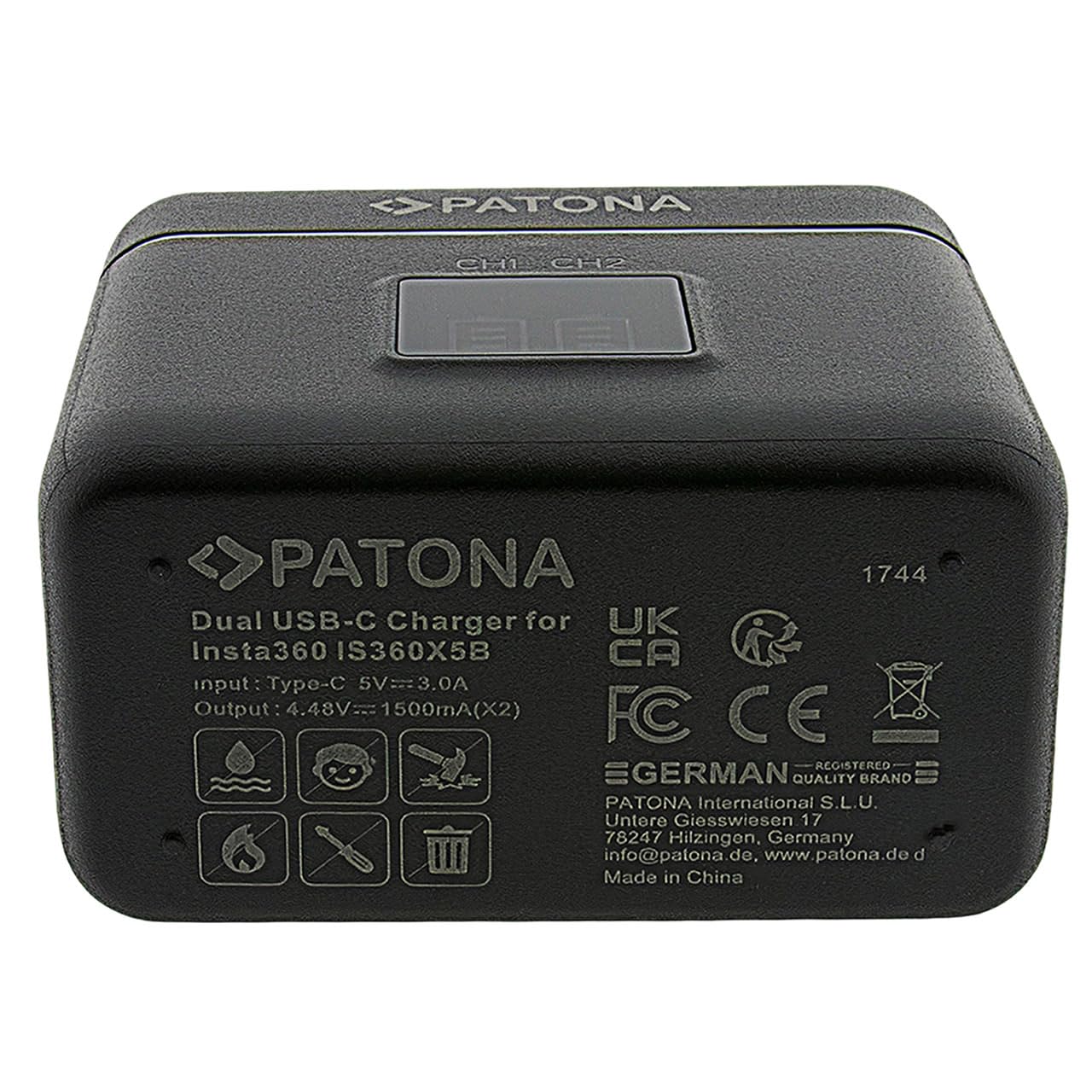 PATONA Caricabatterie doppio per Insta360 X5 batteria CINSBAHA – USB-C Scatola portaoggetti per 2 batterie e microSD, ingresso 5V 3A, cavo USB-C compatibile con action cam, compatto e leggero