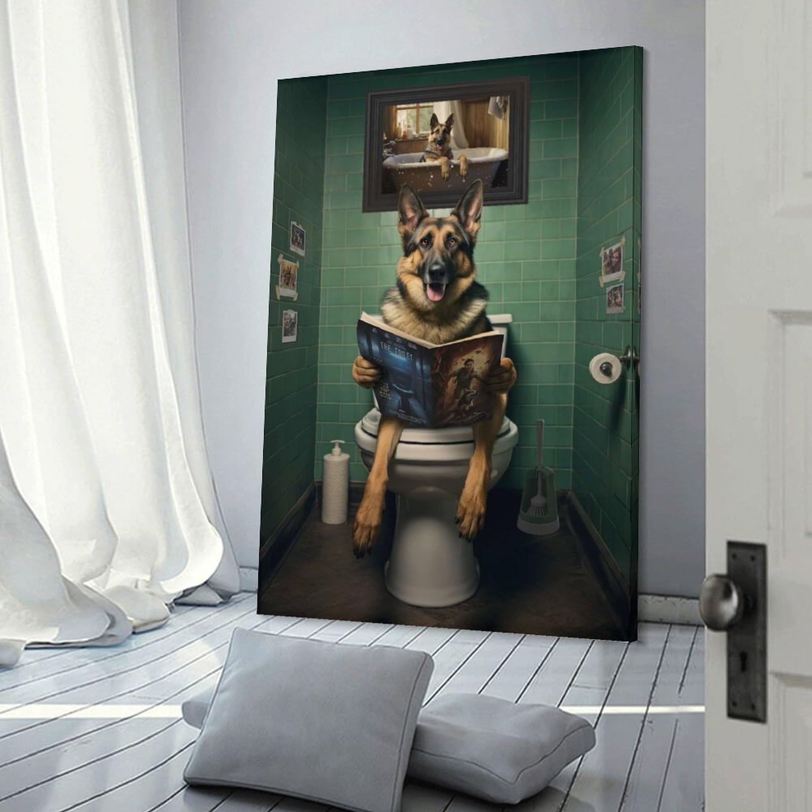 Junmoney Frame-Style-6-1 German Shepherd On Toilet Canvas Art Print 20X30inch(50X75cm), For Calm Bedrooms, Home Corners Or Flats, An Easy Wall Refresh For Bedrooms