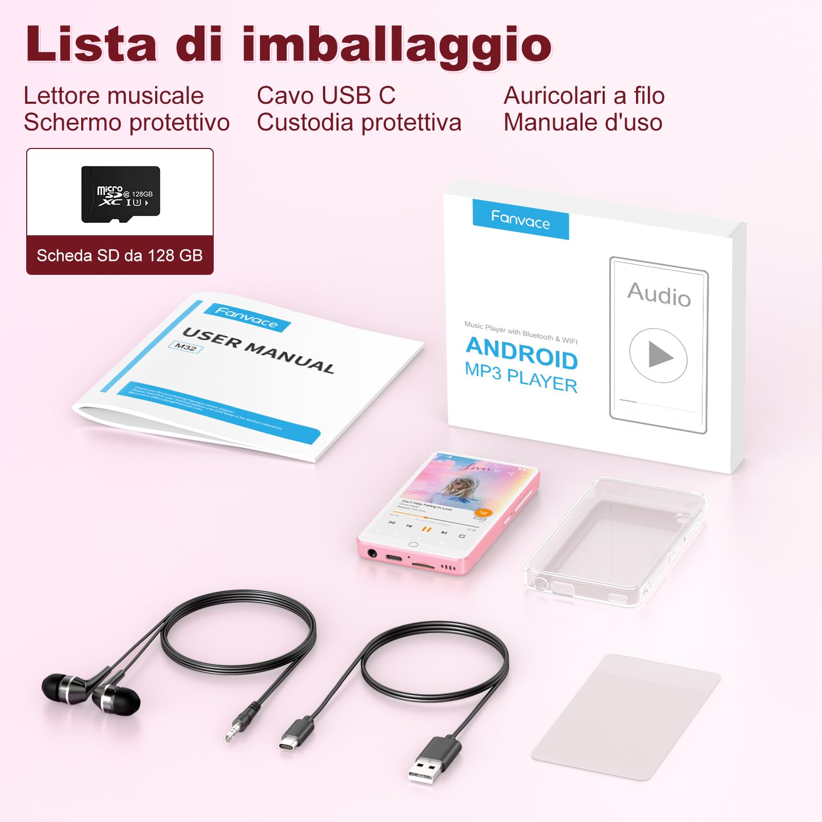 Lettori MP3 144GB con Bluetooth WiFi, lettori MP4 da 2000mAh con schermo touchscreen da 4” e altoparlante, lettori musicali MP3 con sistema operativo Android 13, Spotify, Audible, Play Store (Pink)