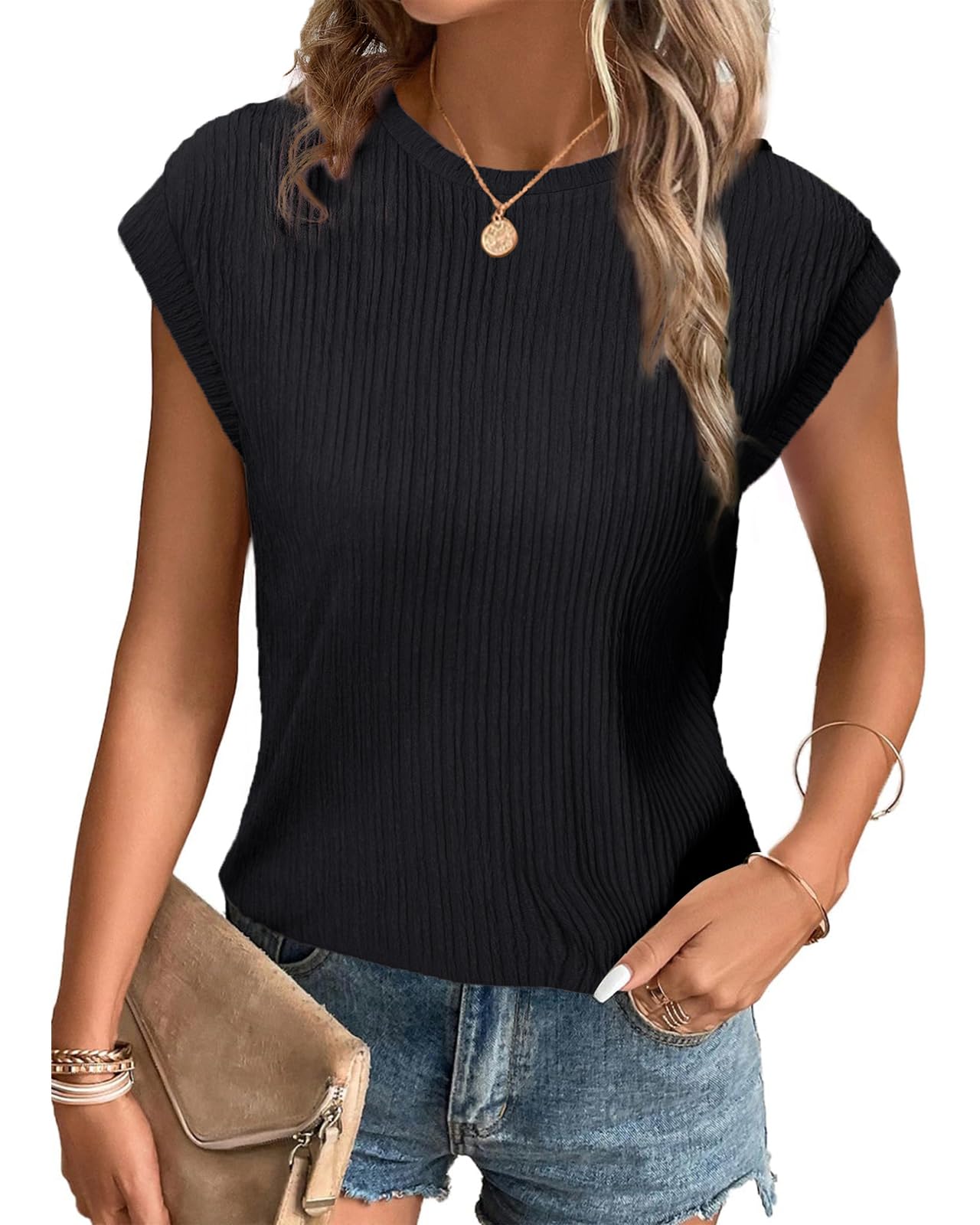 Tanmolo T-Shirt Damen Oberteile Sommer Tank Top mit Flügelärmeln Rundhals Strukturiertes Strickmaterial Unifarben Basic Bluse Elegant Casual