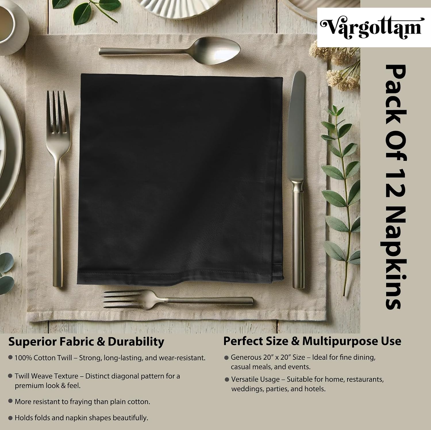 Luxury Cotton Twill Napkins - Set of 12, 20-Inch Black Solid Color, Premium Thick Cloth Napkins for Elegant Dining & Special Occasions - Soft, Absorbent & Machine Washable