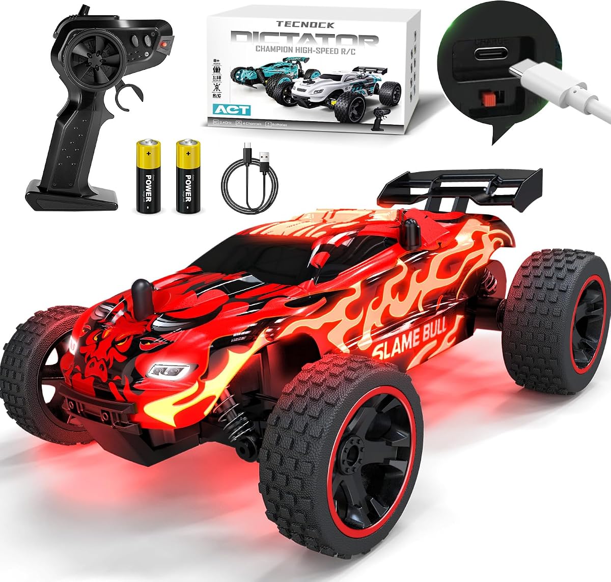 Tecnock RC Cars for Kids, 1:18 Scale 2WD RC Car with USB-C Easy Charging, 2.4GHz Remote Control Car with LED Lights & 50 Mins Playtime, Toys Gifts for Boys & Girls Ages 8-12