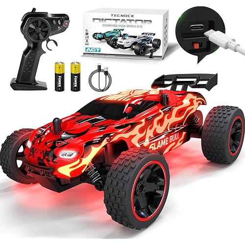 Tecnock RC Cars for Kids, 1:18 Scale 2WD RC Car with USB-C Easy Charging, 2.4GHz Remote Control Car with LED Lights & 50 Mins Playtime, Toys Gifts for Boys & Girls Ages 8-12