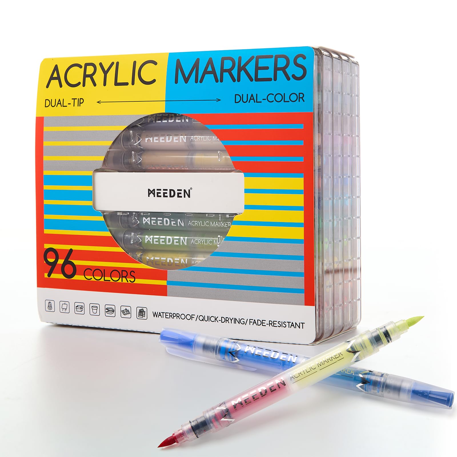 MEEDEN Acrylic Paint Markers Dual Tip: 96 Colors/48 Pcs Brush Tip Acrylic Marker with Automatic Ink Control for Art Supplies - Quick Dry Paint Pens for Rock, Wood, Canvas, Fabric, Glass, Metal