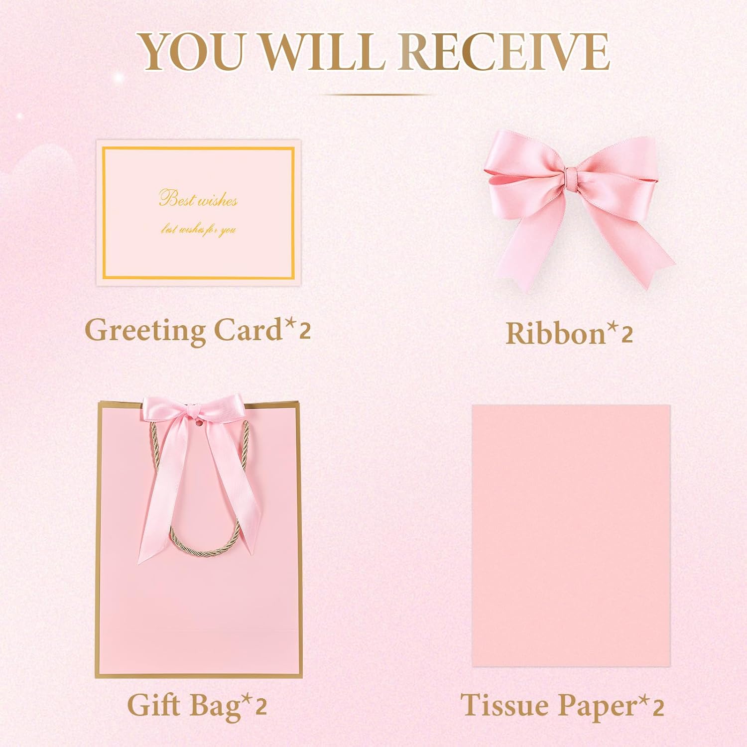 YoungTree Valentines Gift Bag, 2PCS Valentines Bags with Ribbon and 2 Greeting Cards 4 Tissue Papers, Portable Paper Birthday Gift Bags with Handles, Present Bags for Valentines Day Wedding(Pink-Gold) - Image 3
