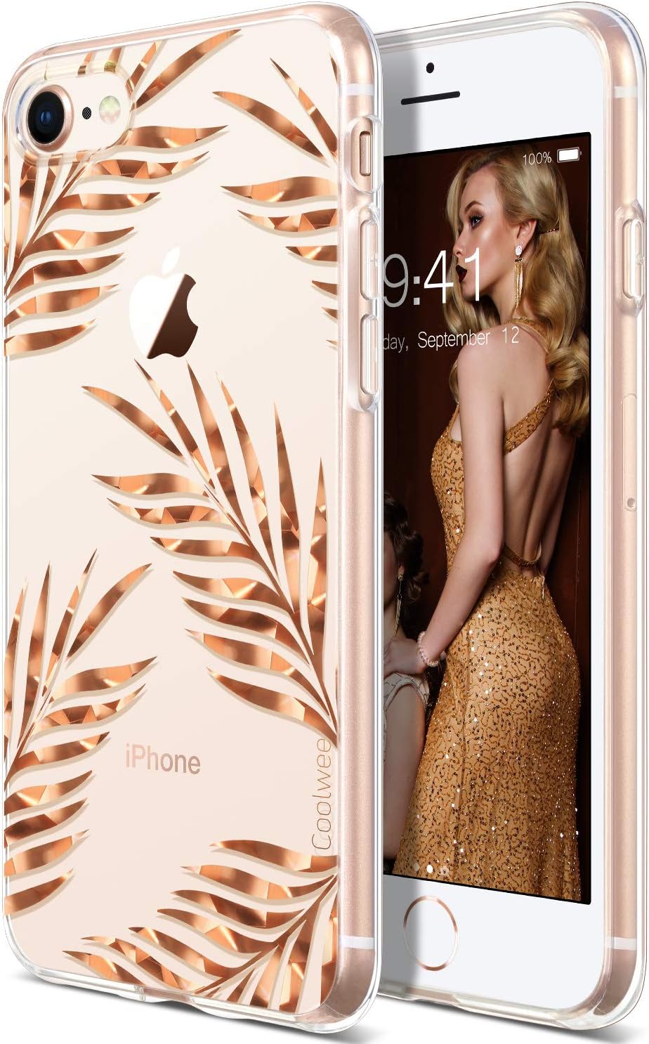Coolwee iPhone 8 Case,Clear iPhone 7 Case Rose Gold Thin Shiny Glitter Floral Foil Tropical Cute Light Soft TPU Bumper Protective Cover for Apple iPhone 7 iPhone 8 4.7 inch (Spackle Series) Leaves