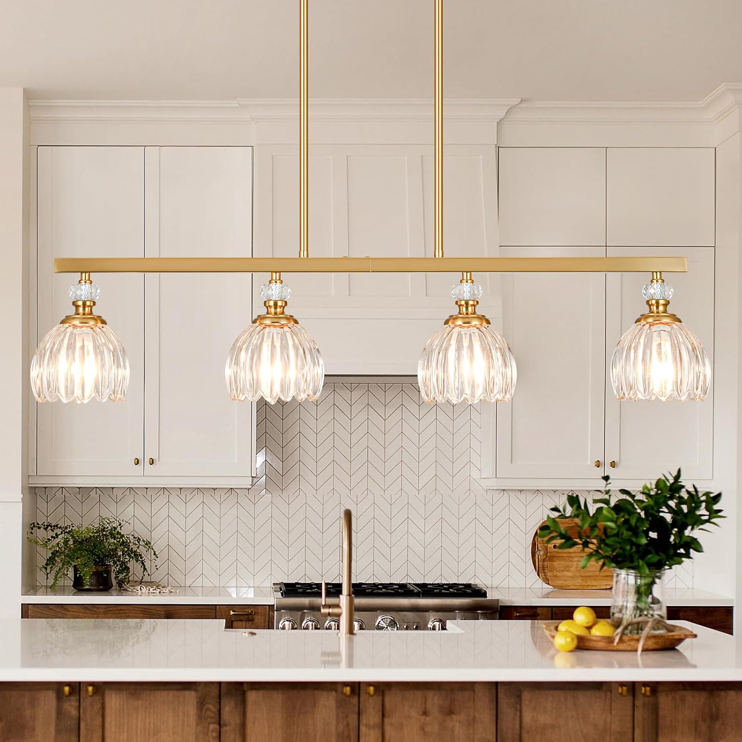 Gold Island Light for Kitchen, 4-Light Linear Chandelier for Kitchen Island with Tulip Glass Shades, Brushed Gold Finish Hanging Light Pendant Fixture Over Dining Table