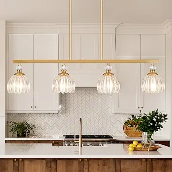 Rainzepher Gold Island Light for Kitchen, 4-Light Linear Chandelier with Tulip Glass Shades, Brushed Gold Finish