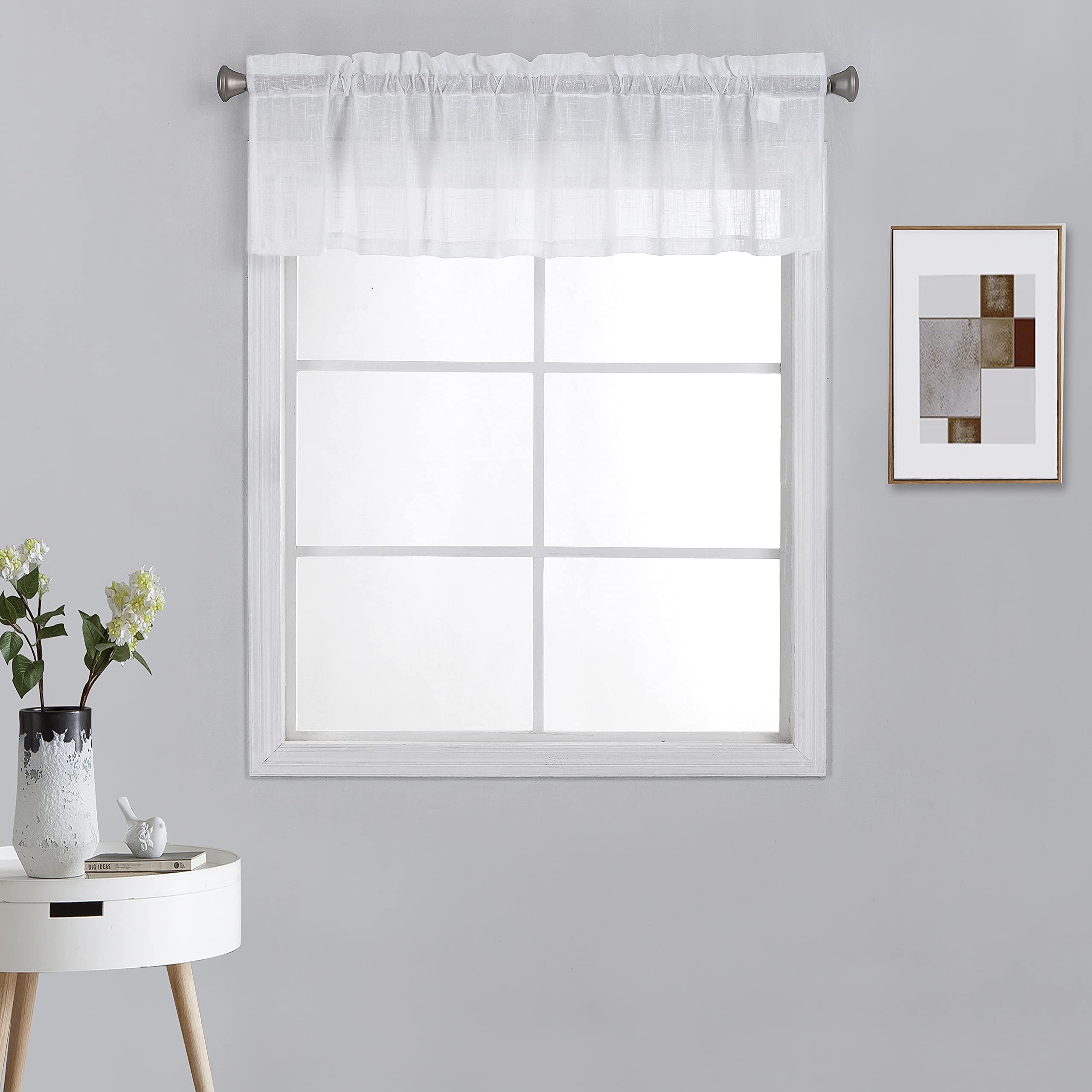 Natural Linen Textured Semi Sheer Light Reducing Window Curtain Valance (1 Valance 18" Long, White)