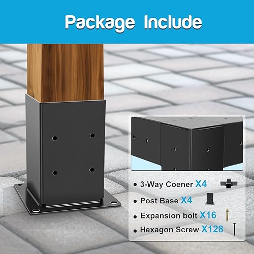 Miniatura 5 de Aikosin Kit de soportes para cenador, kit de soportes para pérgola 4 x 4 (real 3.5 x 3.5 pulgadas), soporte de esquina de ángulo recto de 3 vías con
