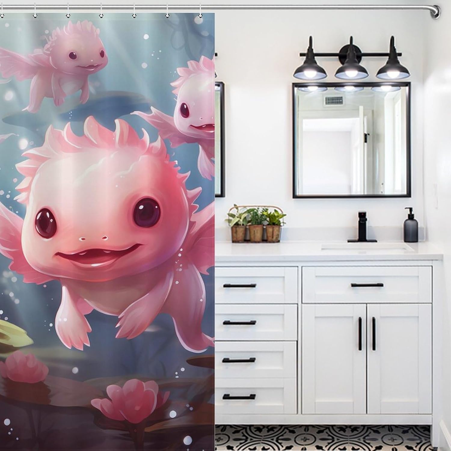 Cute Axolotls Funny Shower Curtains Washable Bath Curtain Liner with Hooks for Bathroom Bath Tubs