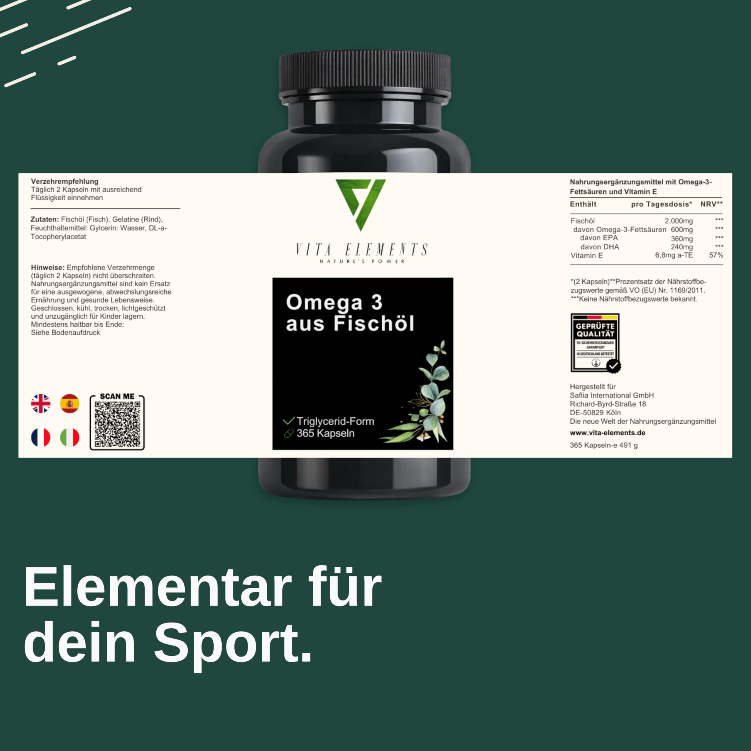 Vita Elements Omega 3-365 Cápsulas - 2000mg de Aceite de Pescado por Dosis Diaria - EPA y DHA en Forma de Triglicéridos - Probado en Laboratorio - Pesca Sostenible - Suministro para 6 Meses (5)