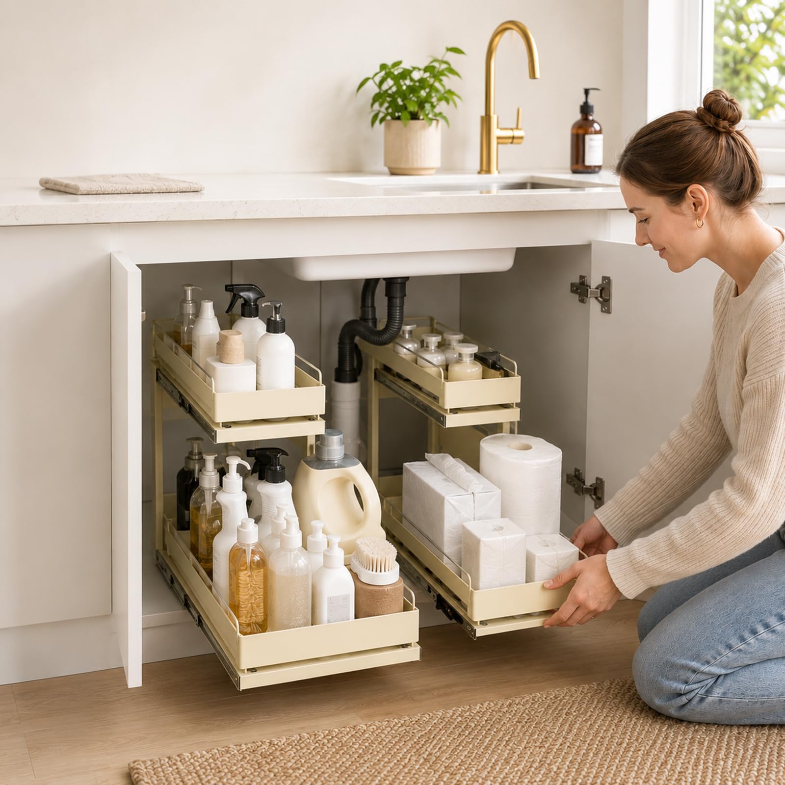 Organizador Bajo Lavabo, Estante Extraíble con Guías Dobles Silenciosas, Estructura de Hierro Forjado, Gran Capacidad para Baño y Cocina Yellow