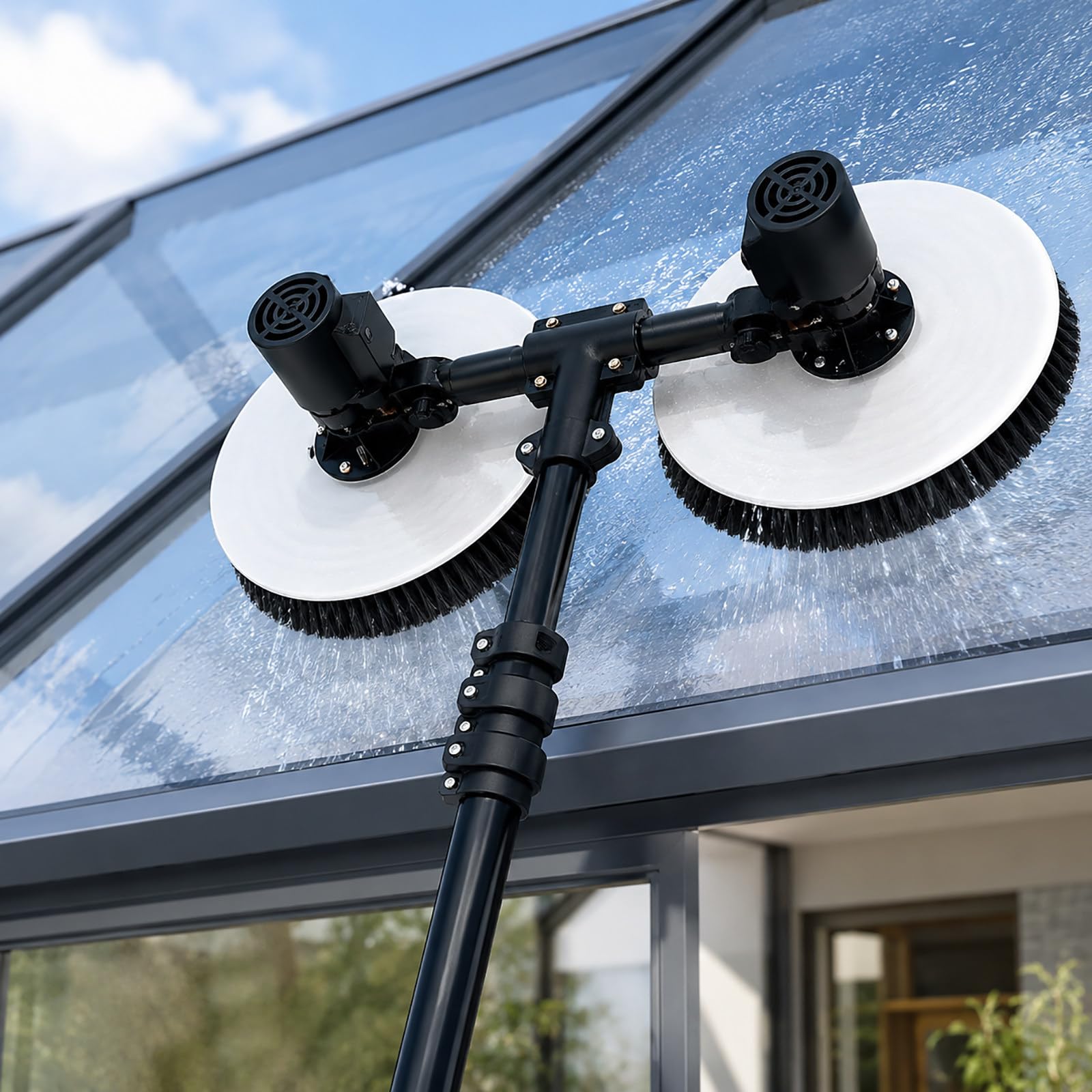 vnmudzeo Solar PV Panel Cleaning Brush – Dual Head Rotating Electric Cleaner with 3.5m/5.5m/7.5m Pole Options for Rooftop Solar Maintenance 5.5m(18ft)
