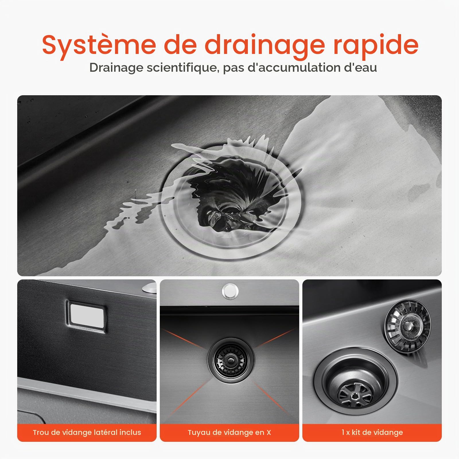 VEVOR Évier de Cuisine 40 cm à Montage par le Haut en Acier Inox 304, Cuve Simple à Poser avec Accessoires pour Camping-car, Bar, Lave-vaisselle Ménager - Noir
