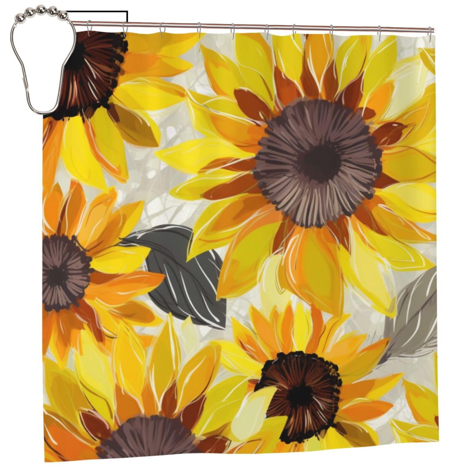 BWWHCCTI Abstract Sunflowers Printed Shower Curtain With 12 Iron Hooks Opaque Quick Drying Waterproof Shower Curtains Sets For Bathroom 183x183 CM