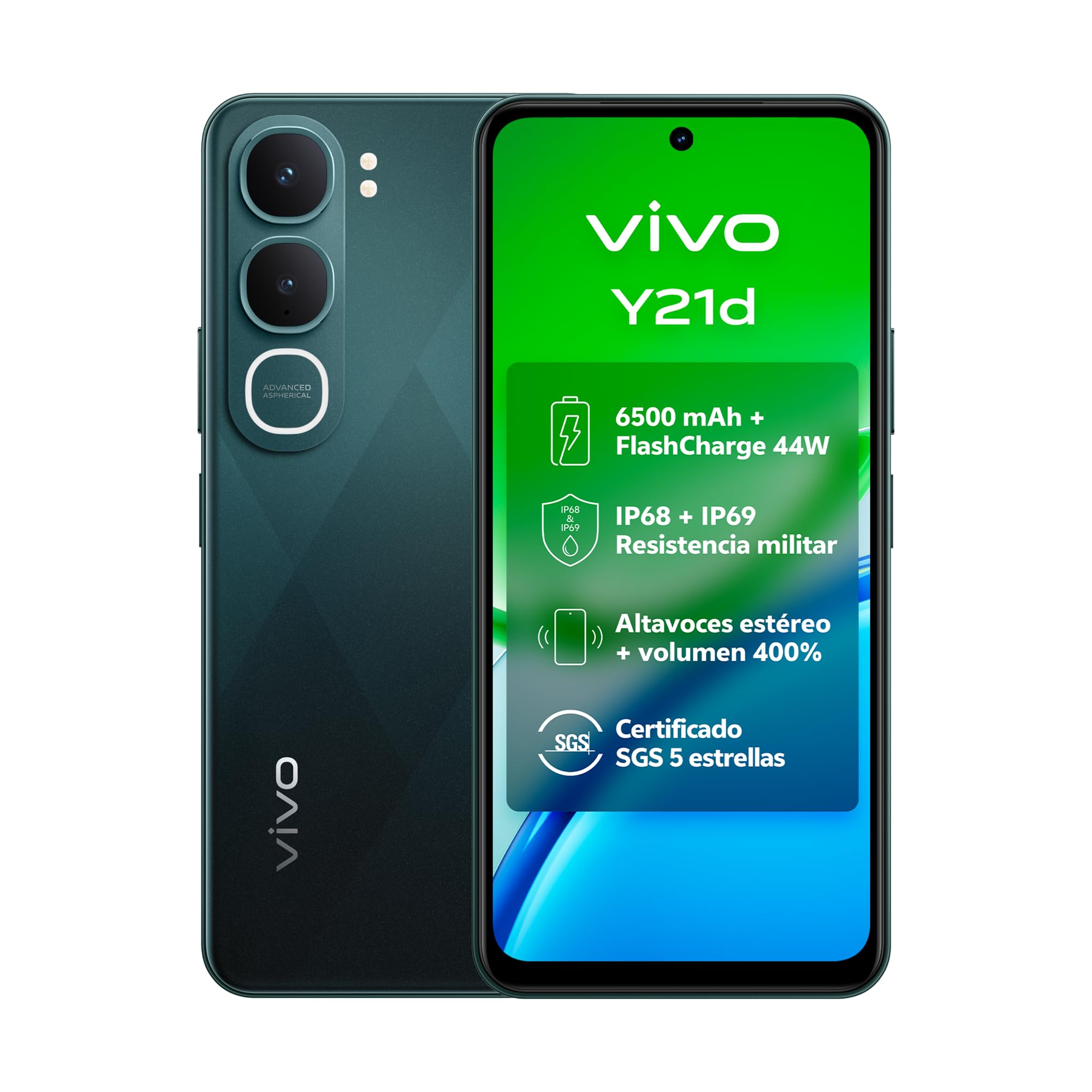 vivo Y21d, Smartphone 6 GB RAM + 256 GB, cámara Principal de 50 MP, Pantalla HD+ de 6,68" y 90 Hz, batería de 6500 mAh, FlashCharge de 44 W, IP68 e IP69, Doble Altavoz, Doble SIM, Sistema Android