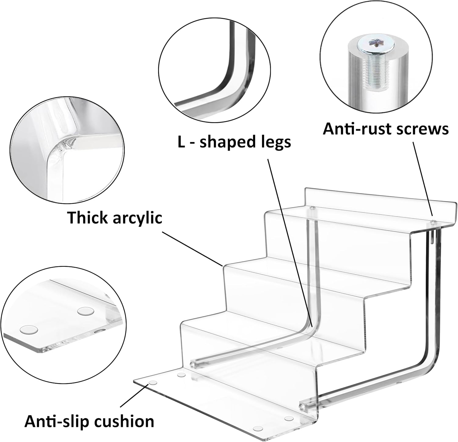 AMT Acrylic Riser Display Stand, 100% Acrylic Clear 4-Tier Organizer for Figures, Cupcake, Perfume, Sunglasses (9 inch x 2.75 inch) 3-pack