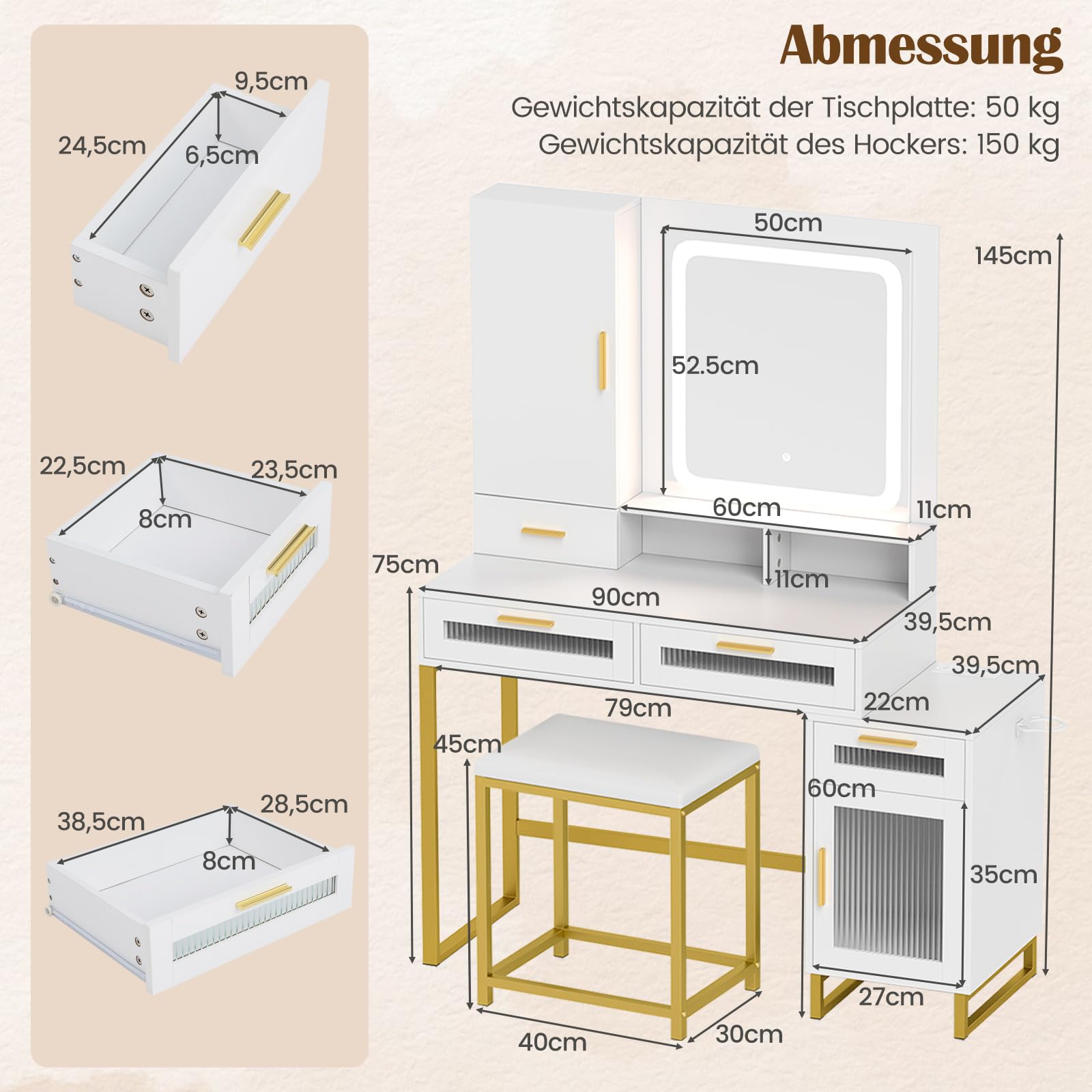 COSTWAY Toaletka z oświetleniem LED, toaletka ze stacją ładującą, szafka na biżuterię, taboret, lustro, szuflady, szafka, otwarte półki i uchwyt na suszarkę do włosów, biały