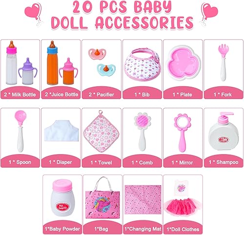 Miniatura 3 de Paquete de 20 accesorios para muñecas de bebé, juego de alimentación y cuidado de muñecas que desaparecen con 2 botellas de leche y jugo, 2 chupetes