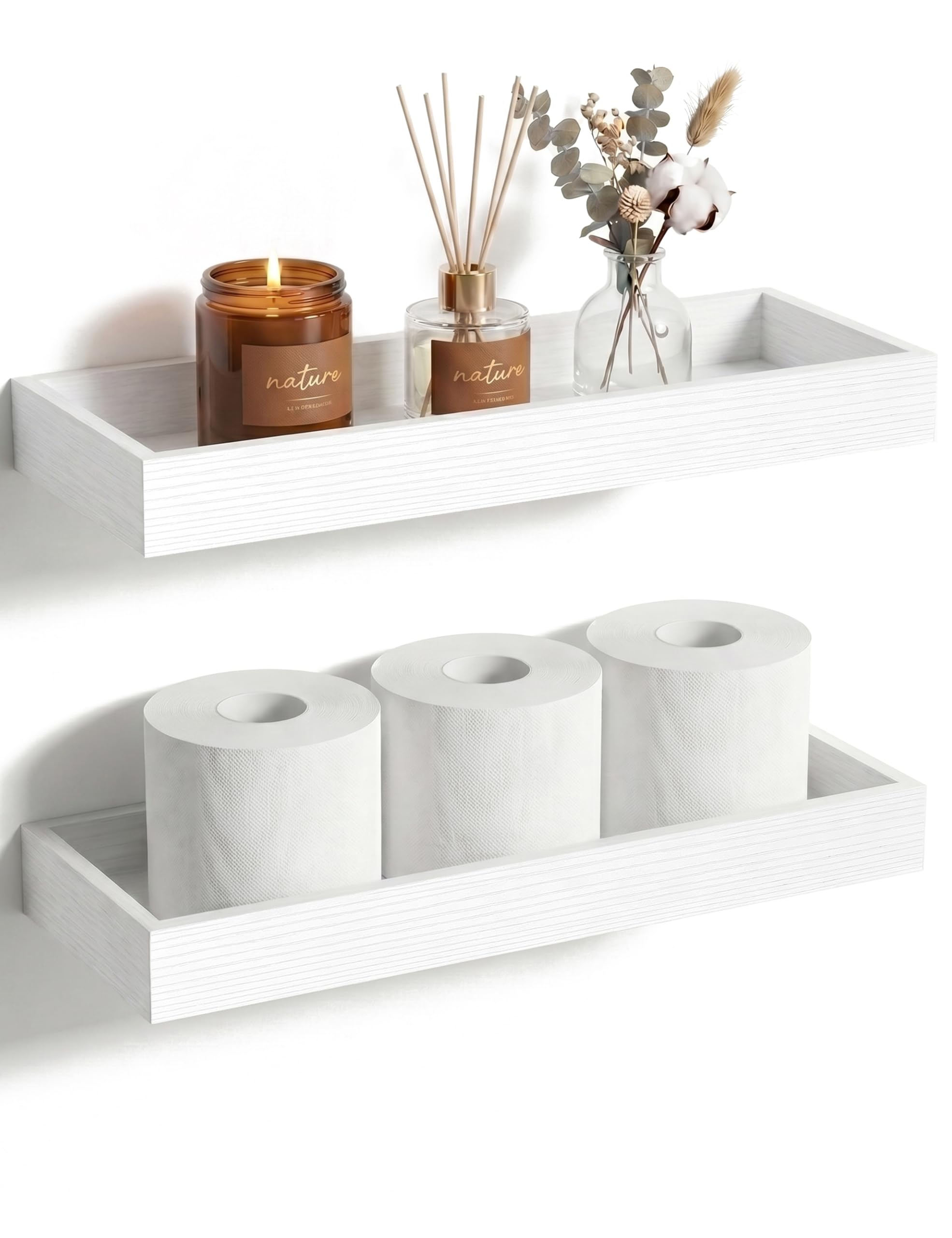 Mifurn Floating Shelves with Raised Lip for Wall Set of 2, 40 cm White Wood Wall Shelves for Bathroom, Bedroom & Kitchen Storage, Wall Mounted Display Shelves for Books, Decor & Photo Frames
