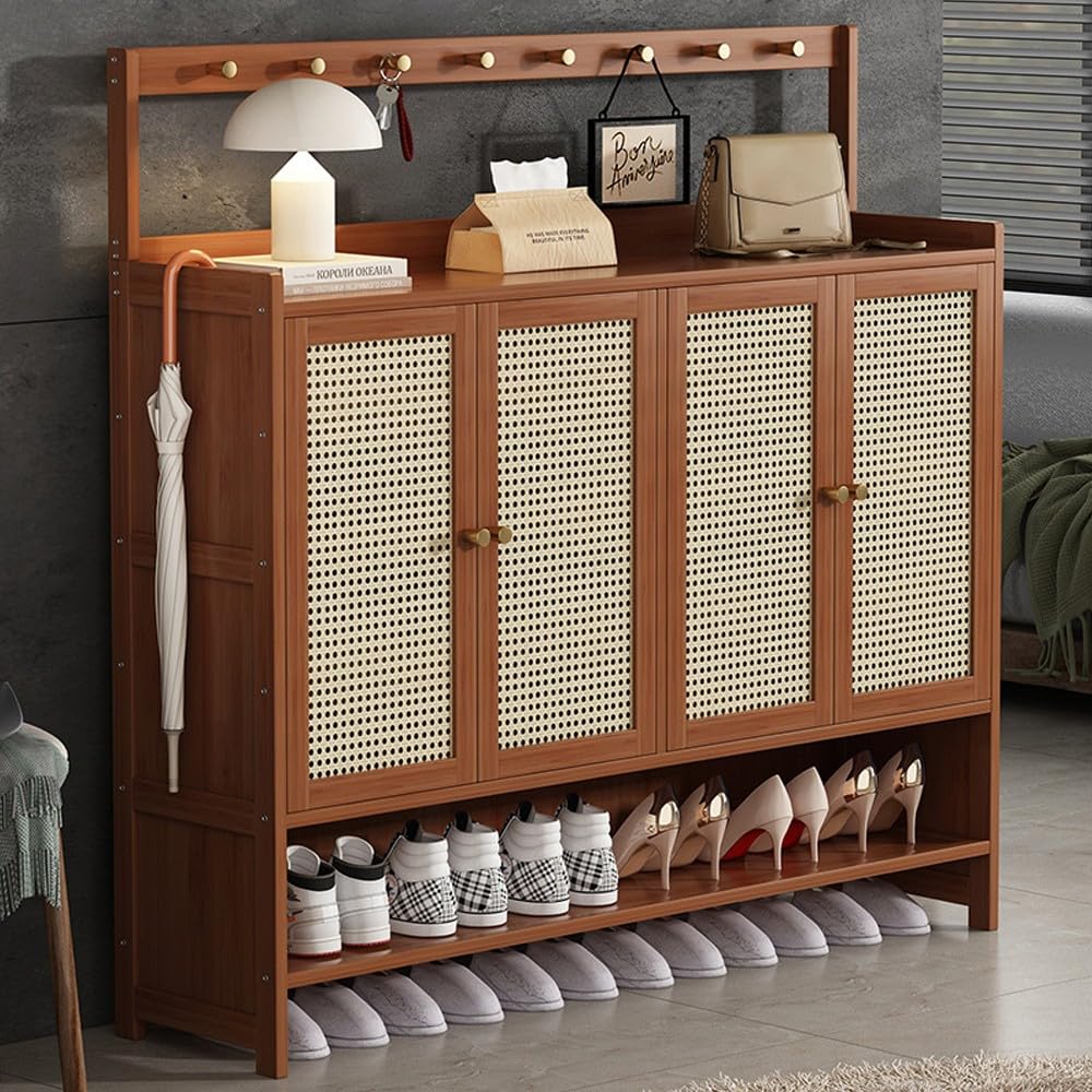 竹製シューズキャビネット（籐製扉とフック付き）、調節可能な棚付き