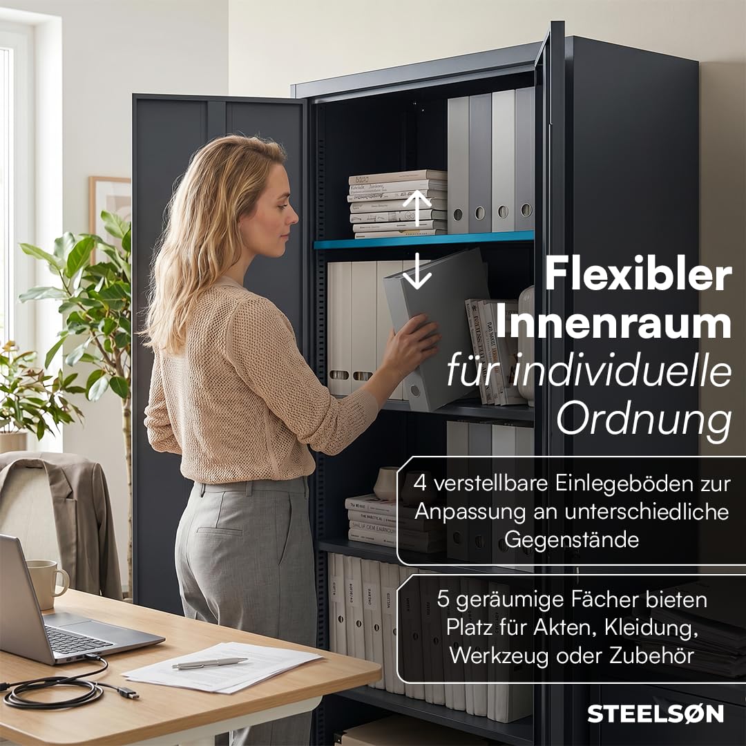 STEELSØN Regulus Metallschrank abschließbar – Stahlschrank mit 5 Ebenen – Werkzeugschrank mit Doppeltüren Anthrazit – Werkstattschrank mit verstellbaren Ablagen – Aktenschrank/Büroschrank Metall