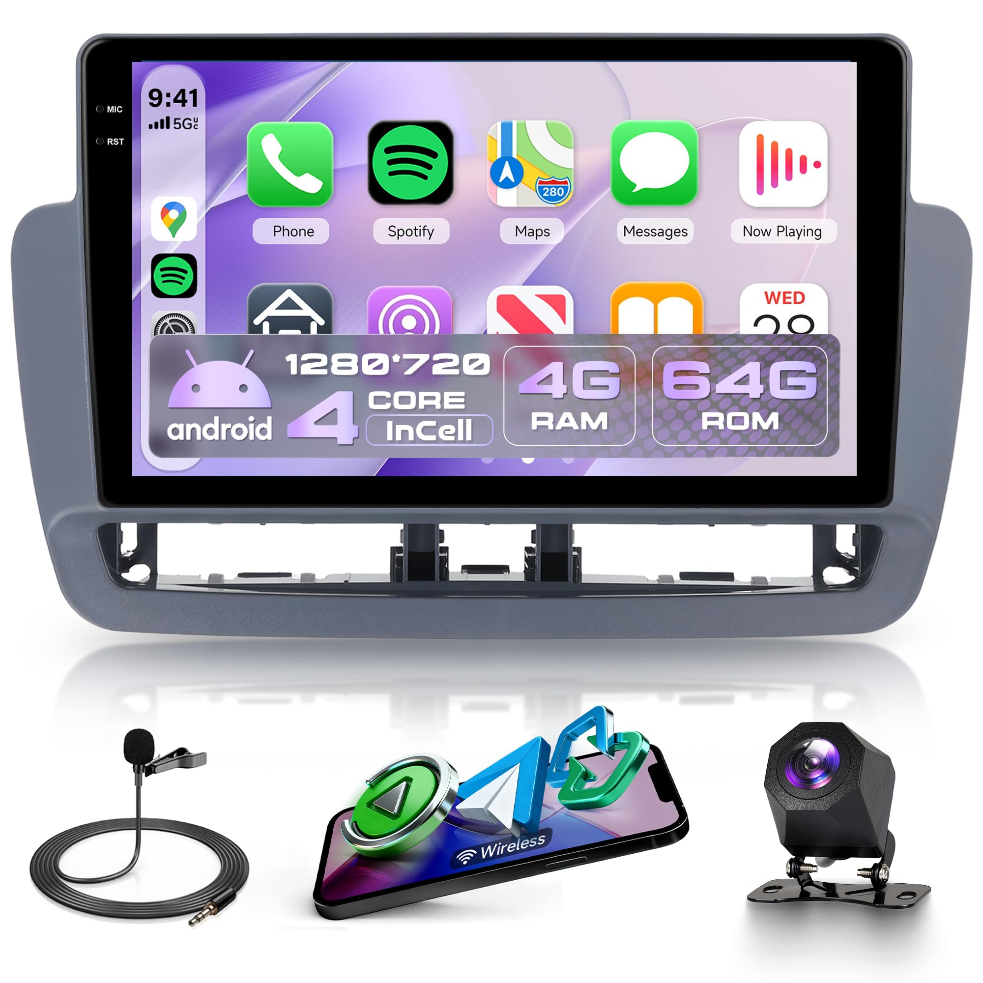 4G+64G Android Autoradio für Seat Ibiza 6j 2012-2015 mit Wireless Carplay Android Auto, 9 Zoll Incell Touchscreen Autoradio mit GPS Navi WiFi Mirror Link Bluetooth FM/RDS/EQ/USB/SWC Rückfahrkamera