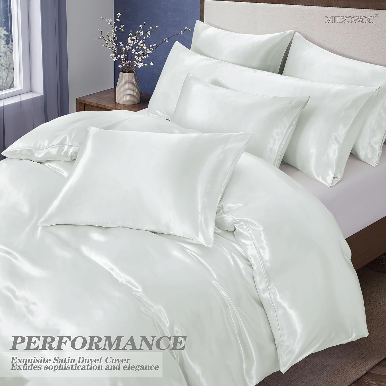 MILVOWOC 6 Pcs White Satin Duvet Cover Full/Queen Size Set, Silky Bed Duvet Cover Ultra Soft Comforter Cover, 1 Satin Duvet Cover, 1 Body Pillowcase, 4 Pillow Cases (No Comforter)