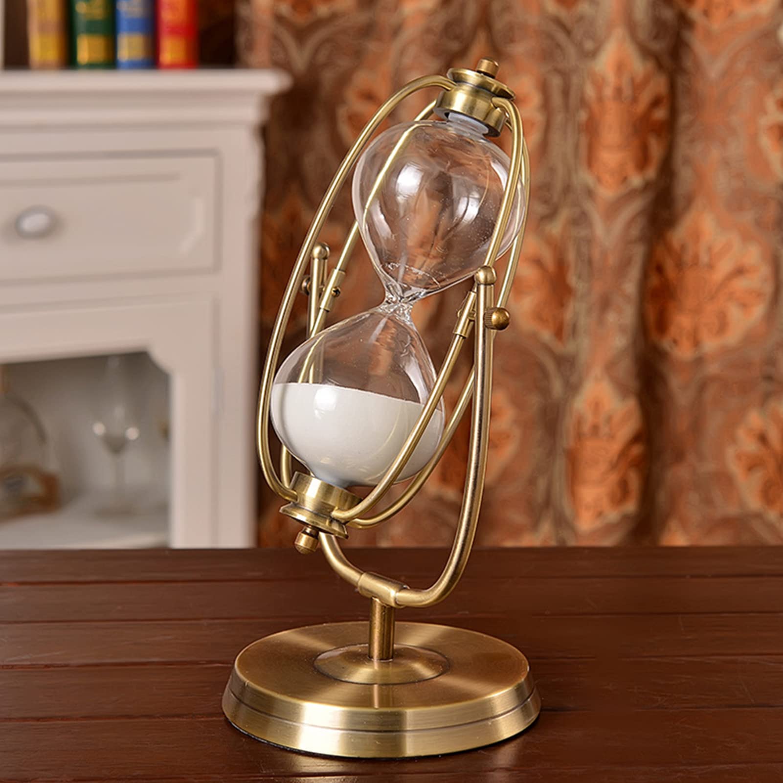 SYFUNLV Metall Sanduhren,Vintage-Sanduhr,12×24cm Rotierende Sand Timer, 30/15 Minuten,Vintage-Sanduhr,mit goldenen Seitstützen, Dekorative Sanduhr aus Glas Geschenkeinzigartiges Andenken (S)