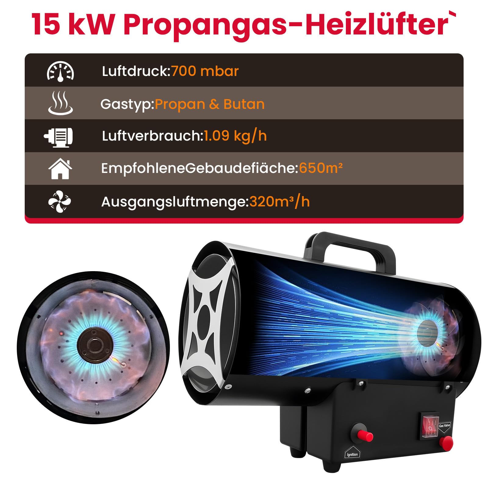 GASLAND FlameJet 15 kW Gas Heizstrahler mit 700 mbar Druckreduzierventil,Outdoor Gasheizgerät, Konvektionsheizung, Turbogebläse, Überhitzungsschutz