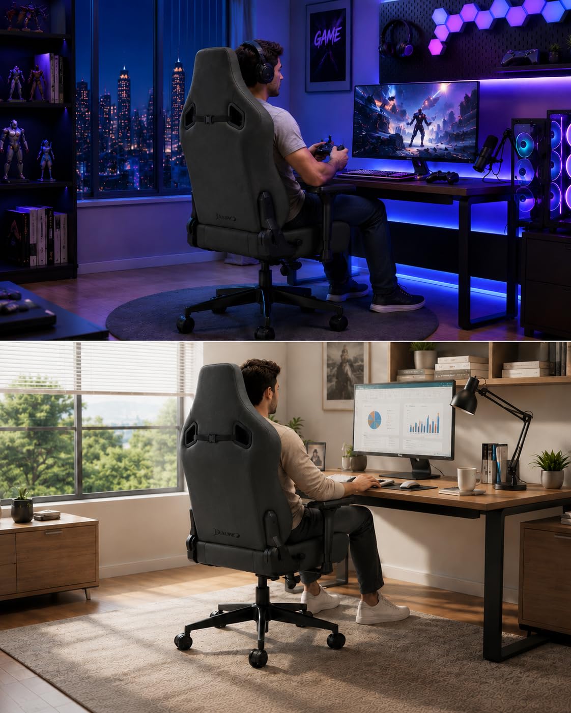Devoko Suédine Chaise Gaming Confortable, Chaise Bureau Ergonomique avec Accoudoirs 3D, Fauteuil Gaming Inclinable 90°-135° for Gamer, Office, Charge Maximale 200Kg,Noir