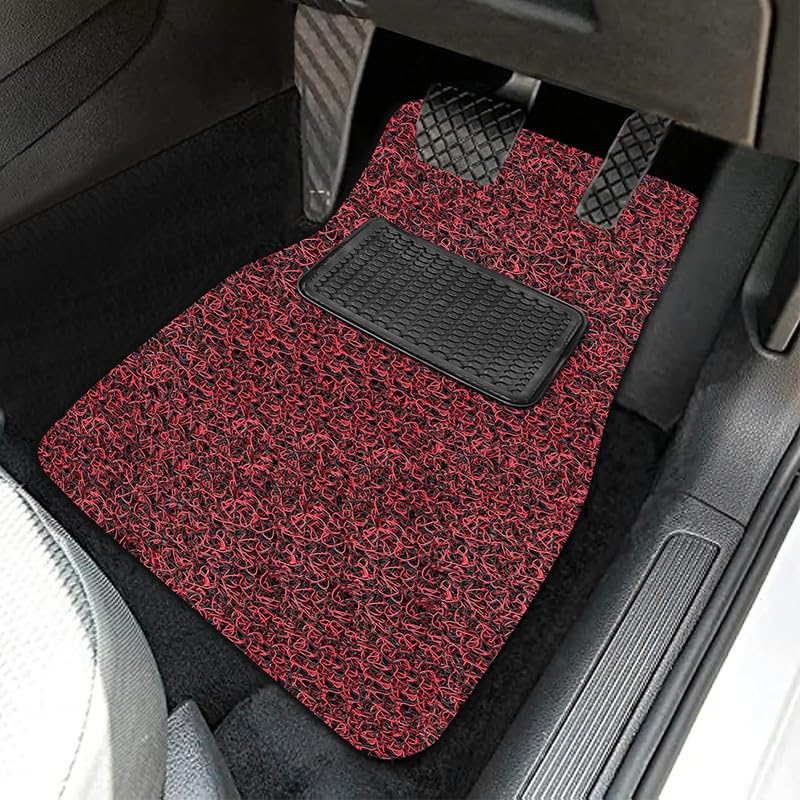 Image of Universal Fit Car Mats for All Cars, Premium Curly Vinyl Rubber Noodle Grass Foot Mat, Stylish 5 Pcs Anti-Skid Curly Car Floor Mats, Dust & Liquid Trapping Built for Comfort (Black Red)