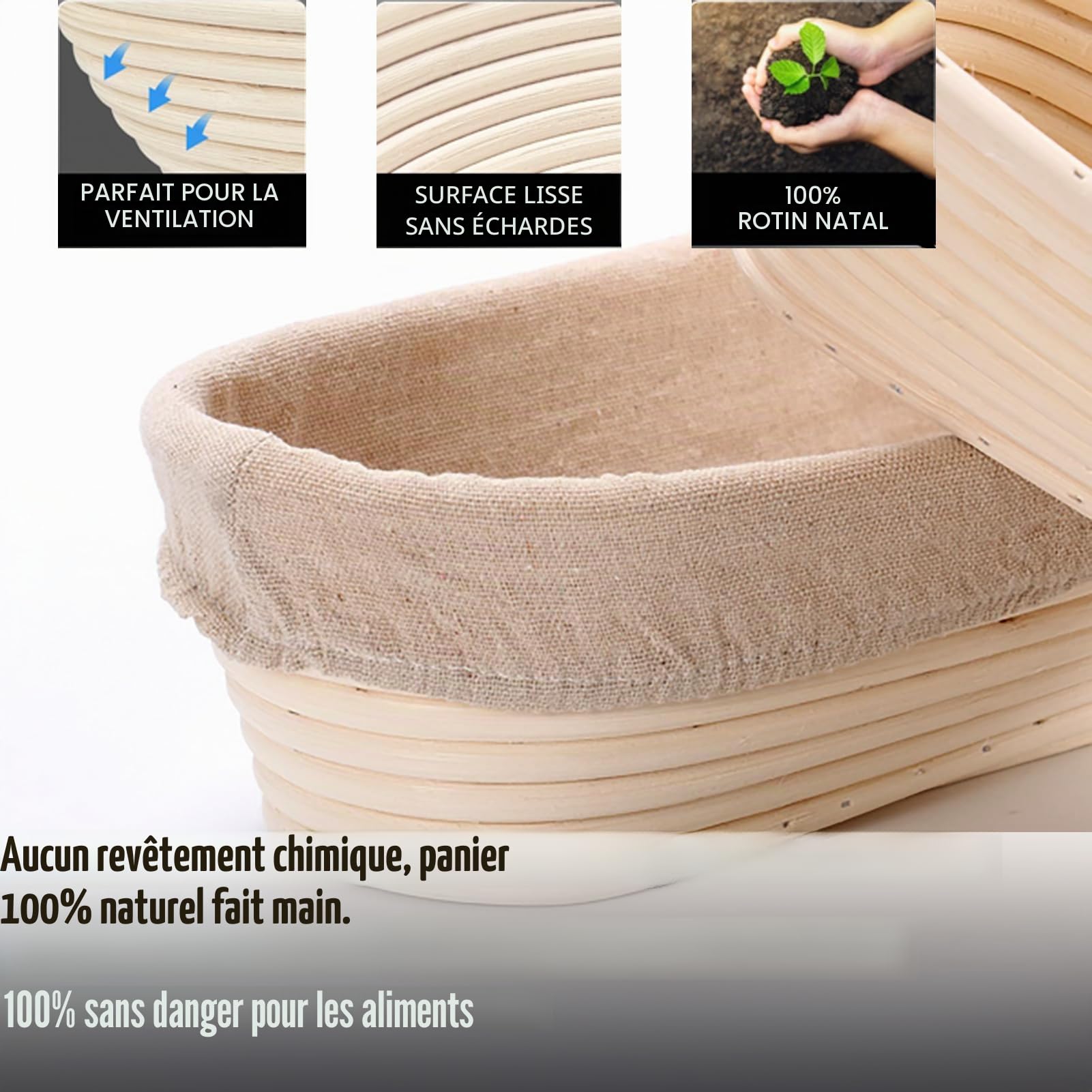 2 Banneton pour Pain Ovales de 25 cm, Panier de Fermentation pour Pain, Corbeille Ovale en Rotin Durable pour la Cuisson, les Accessoires de Pâtisserie