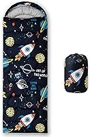 Vista 19 de Saco de dormir para niños y niñas, estampado de luna de cohete, ligero, cálido, portátil, para exteriores, interior, impermeable, resistente al