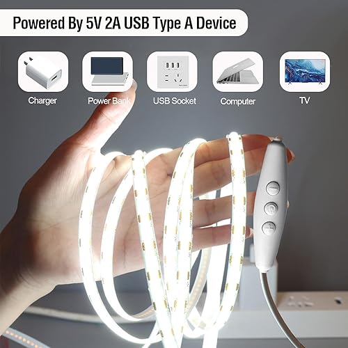 Miniatura 6 de Tira de luces LED COB regulable con alimentación USB, CRI93+6ft IP65, impermeable, COB, con atenuador para gabinete, estante espejo, iluminación