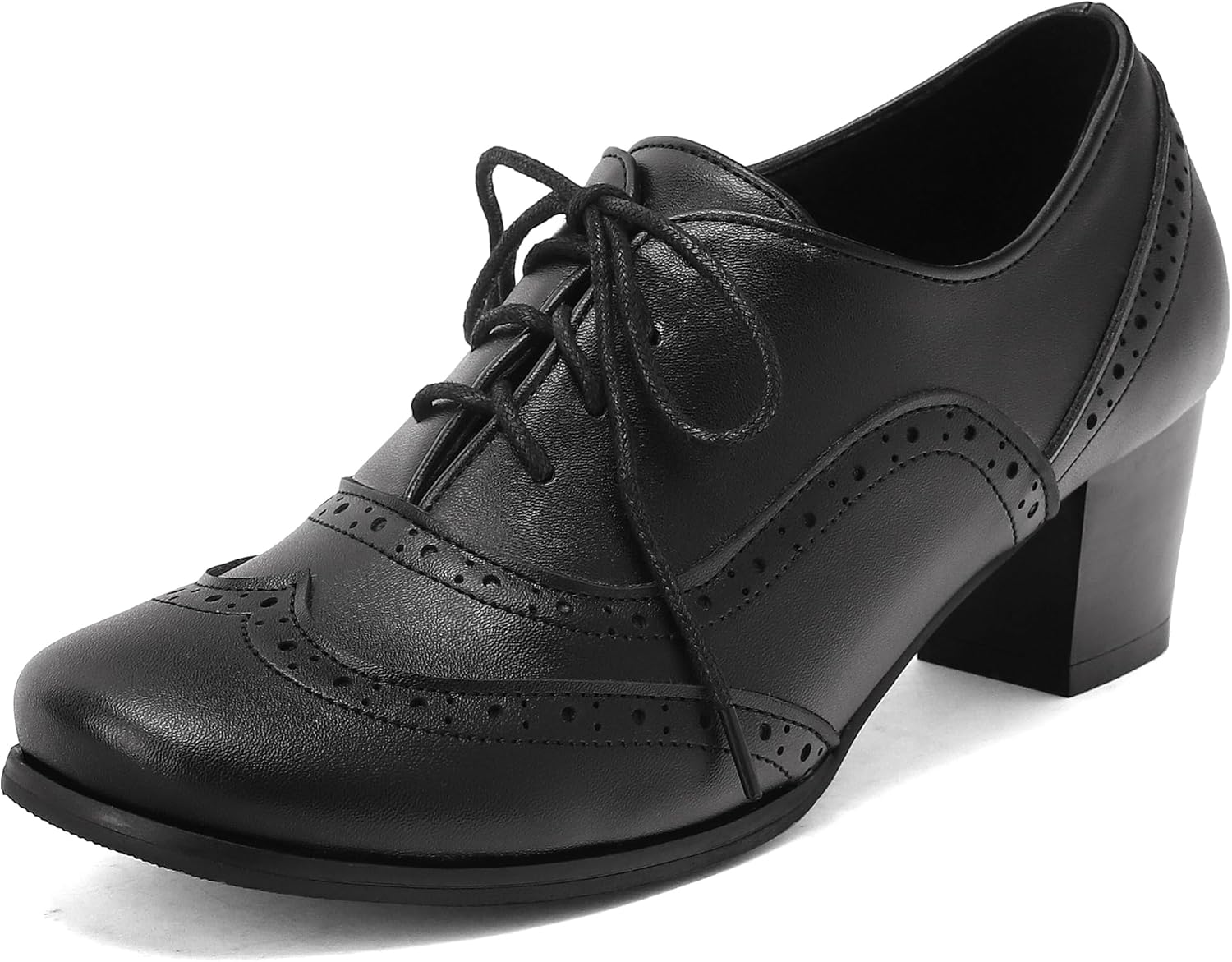 Women's Oxford Block Heel Shoes Wingtip Lace-Up Dress Pumps Classic Brogue